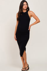 Black Ribbed Sleeveless Side Slit Maternity Midi Dress