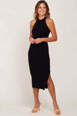 Black Ribbed Sleeveless Side Slit Maternity Midi Dress