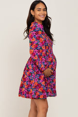 Magenta Floral Smocked 3/4 Sleeve Maternity Dress