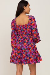 Magenta Floral Smocked 3/4 Sleeve Maternity Dress