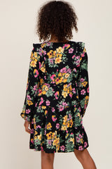 Black Floral Ruffle Accent Long Sleeve Dress