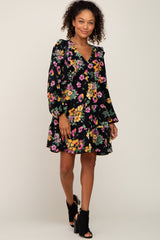 Black Floral Ruffle Accent Long Sleeve Dress