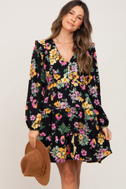 Black Floral Ruffle Accent Long Sleeve Maternity Dress