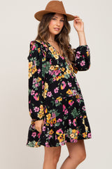 Black Floral Ruffle Accent Long Sleeve Maternity Dress