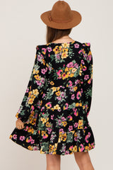 Black Floral Ruffle Accent Long Sleeve Maternity Dress