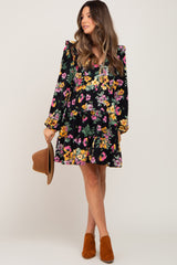 Black Floral Ruffle Accent Long Sleeve Maternity Dress