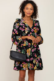 Black Floral Ruffle Accent Long Sleeve Dress