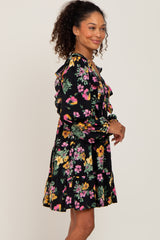 Black Floral Ruffle Accent Long Sleeve Dress