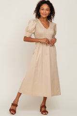 Beige Smocked V-Neck Puff Sleeve Maternity Midi Dress