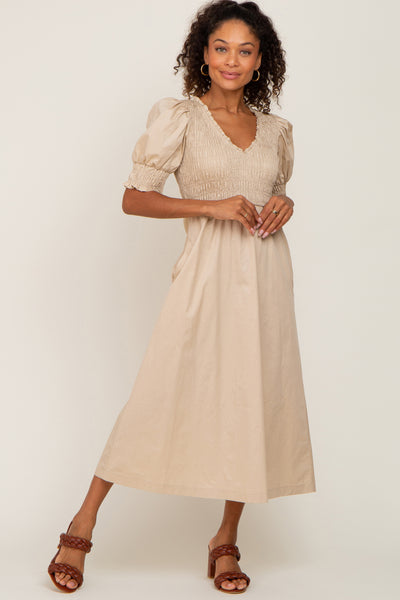 Beige Smocked V-Neck Puff Sleeve Midi Dress – PinkBlush