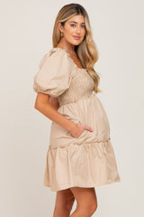 Beige Smocked Ruffle Accent Puff Sleeve Maternity Dress