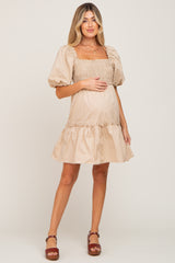 Beige Smocked Ruffle Accent Puff Sleeve Maternity Dress