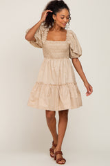 Beige Smocked Ruffle Accent Puff Sleeve Dress