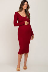 Burgundy Knit Ribbed Maternity Midi Dress