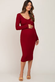 Burgundy Knit Ribbed Maternity Midi Dress