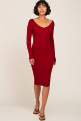 Burgundy Knit Ribbed Maternity Midi Dress