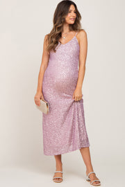 Pink V-Neck Sequin Maternity Midi Dress