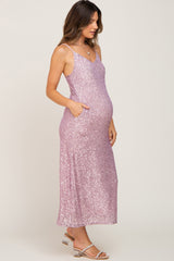 Pink V-Neck Sequin Maternity Midi Dress