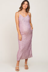 Pink V-Neck Sequin Maternity Midi Dress