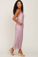 Pink V-Neck Sequin Midi Dress