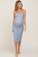 Blue Printed Ribbed Sleeveless Maternity Midi Dress