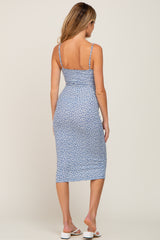 Blue Printed Ribbed Sleeveless Maternity Midi Dress