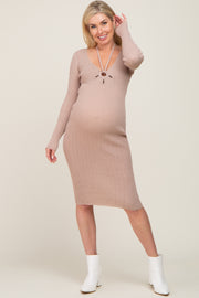 Beige Rib Knit Cutout Front Tie Maternity Midi Dress