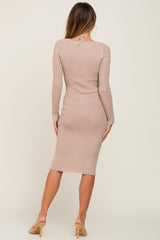 Beige Rib Knit Cutout Front Tie Midi Dress