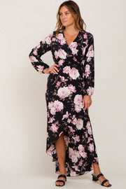 Black Floral Long Sleeve Hi-Lo Maxi Dress