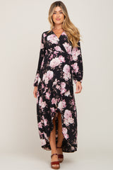 Black Floral Long Sleeve Hi-Lo Maternity Maxi Dress