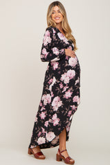 Black Floral Long Sleeve Hi-Lo Maternity Maxi Dress