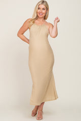 Beige Metallic Criss Cross Back Maternity Maxi Dress