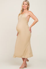 Beige Metallic Criss Cross Back Maternity Maxi Dress