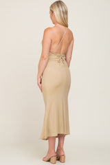 Beige Metallic Criss Cross Back Maternity Maxi Dress