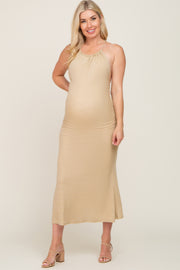 Beige Metallic Criss Cross Back Maternity Maxi Dress