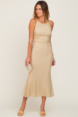 Beige Metallic Criss Cross Back Maternity Maxi Dress