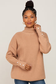 Camel Button Accent Turtleneck Sweater