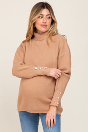 Camel Button Accent Turtleneck Maternity Sweater