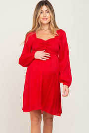 Red Shimmer Smocked Long Sleeve Maternity Dress