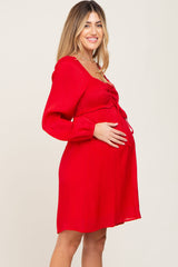 Red Shimmer Smocked Long Sleeve Maternity Dress