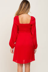 Red Shimmer Smocked Long Sleeve Maternity Dress