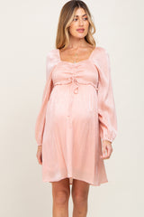 Pink Shimmer Smocked Long Sleeve Maternity Dress