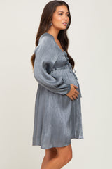 Charcoal Shimmer Smocked Long Sleeve Maternity Dress