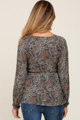 Camel Paisley Long Sleeve Peplum Maternity Top