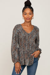 Camel Paisley Long Sleeve Peplum Maternity Top