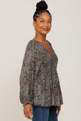 Camel Paisley Long Sleeve Peplum Top