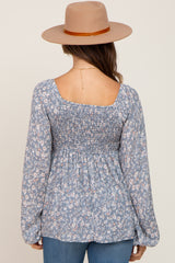 Blue Floral Smocked Ruffled Long Sleeve Maternity Top