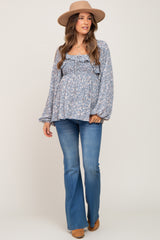 Blue Floral Smocked Ruffled Long Sleeve Maternity Top