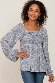 Blue Floral Smocked Ruffled Long Sleeve Top