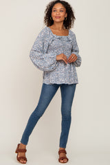 Blue Floral Smocked Ruffled Long Sleeve Top